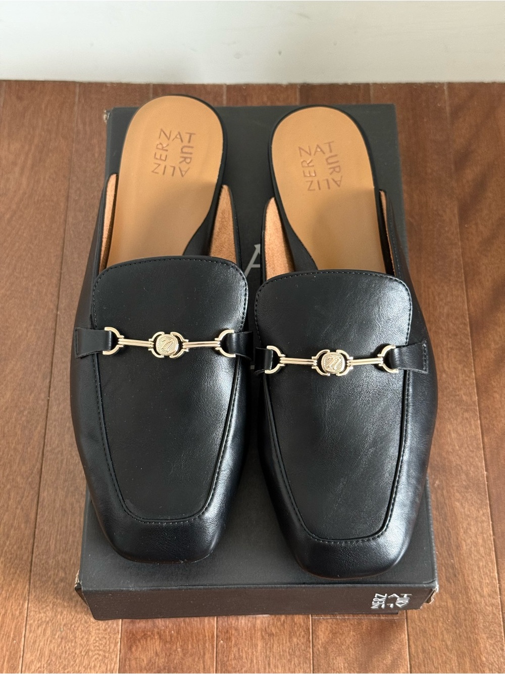 Naturalizer Black Leather Mule Loafers with Gold-Tone Bit